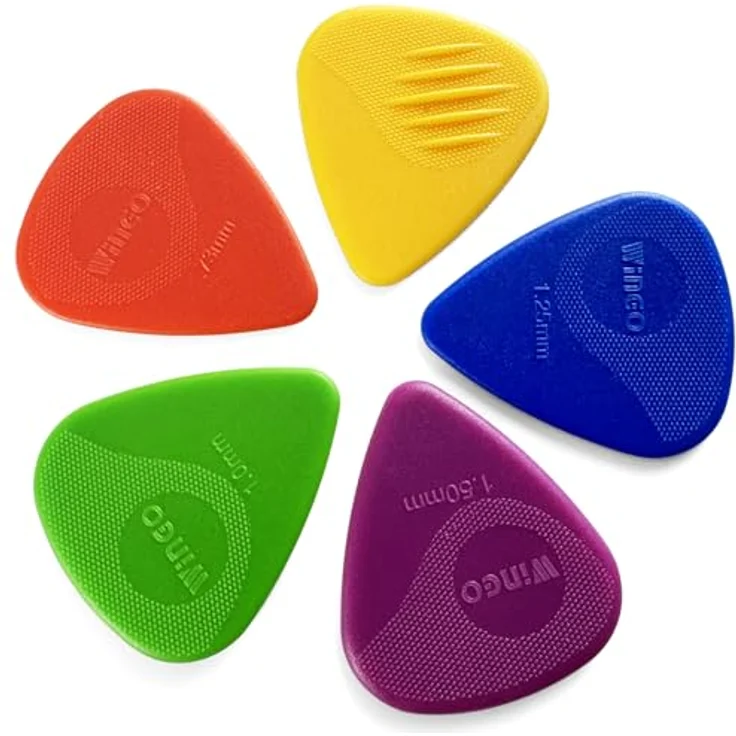 WINGO Gitarrenplektren, rutschfeste Plektren mit Griffprägung, 5 Stück in verschiedenen Stärken (073, 088, 1,0, 1,25, 1,5 mm) für Akustik-, E-Gitarre, Bass – Bild 1