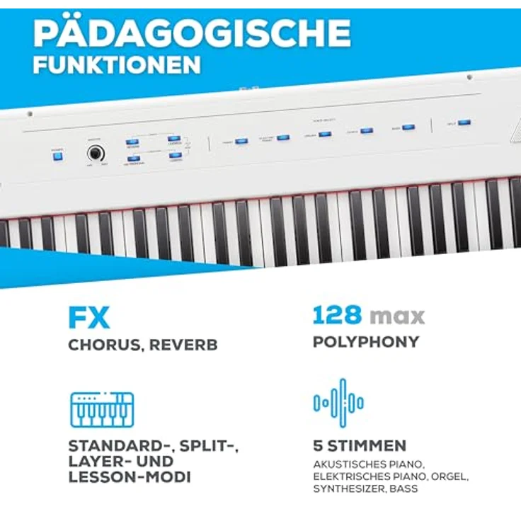 Alesis Recital E-Piano mit 88 halbgewichteten Tasten, Weiß, 5 Stimmen, integrierte Effekte, geeignet für Unterricht – Bild 3