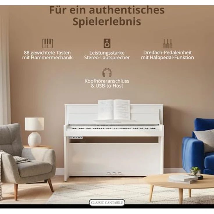Classic Cantabile UP-1, Upright E-Piano mit 88 gewichteten Tasten, Ivory Touch, 256 Polyphonie, 40 Sounds, OLED Display, USB MP3 Recorder (Weiß matt, mit Zubehör) – Bild 4