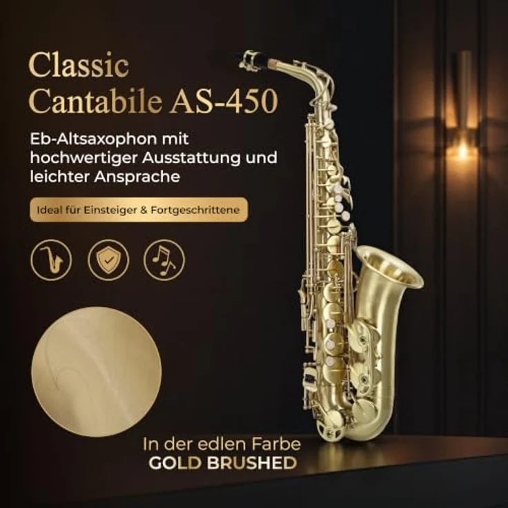 Classic Cantabile AS-450 Brushed Eb Altsaxophon Set, Altsaxophon aus Messing, hand matt gebürstet mit Hoch-Fis-Klappe und ergonomischer Klappenmechanik – Bild 2