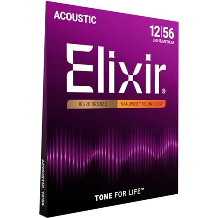 Elixir® Saiten 80/20 Bronze Akustik-Gitarrensaiten mit NANOWEB® Beschichtung, Light/Medium (.012-.056) - Langlebiger klarer Klang und geschmeidiges Spielgefühl – Bild 1