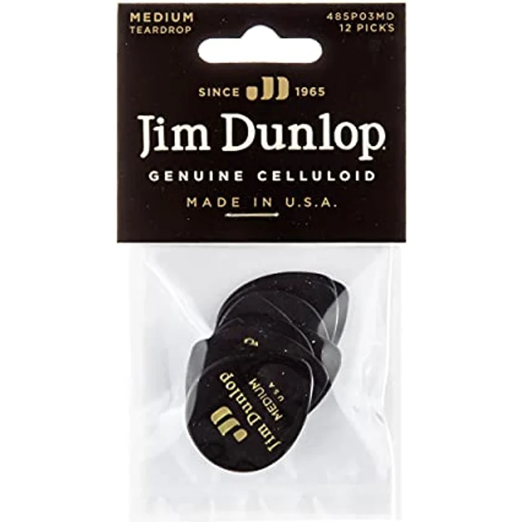 Dunlop Celluloid Teardrop Medium Plektren, 12 Stück, Schwarz, 0,80 mm Stärke, warmer Klang, abgerundete Kanten – Bild 4