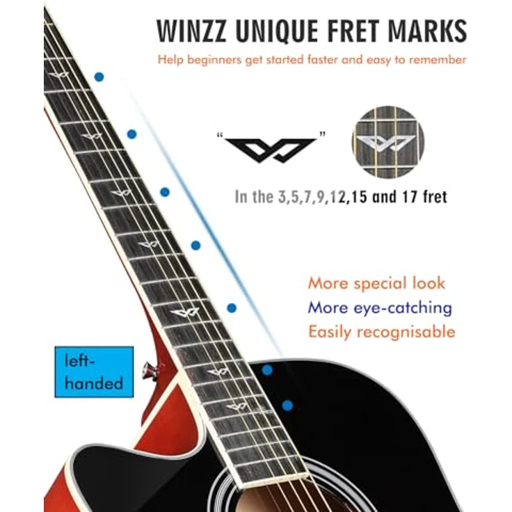 Winzz Elektro Akustik Gitarre 4/4 Linkshänder, Sunburst-Glänzend, inkl. 11 Zubehörteilen für Anfänger – Bild 4