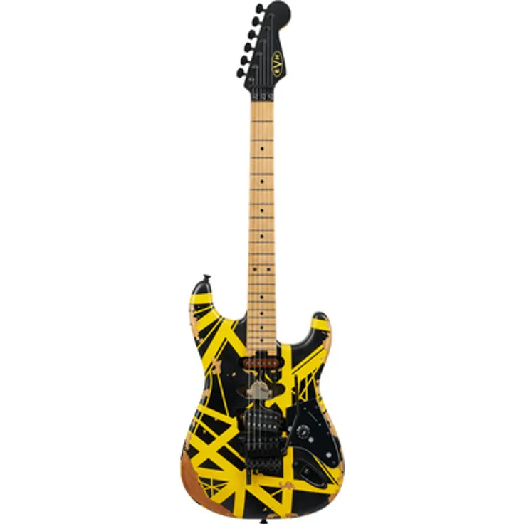 Evh Frankie Striped MN Relic B/Y, ST-Style E-Gitarre mit Linde Korpus, Ahorn Hals und EVH Wolfgang Humbucker, Schwarz mit Gelben Streifen Relic