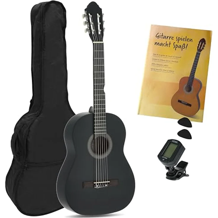 GEWA Juan Miguel Navarrez Konzertgitarre, 4/4 klassische Gitarre in schwarz, Starter Set mit Tasche, Plektren, Lehrbuch mit CD und Stimmgerät – Bild 1