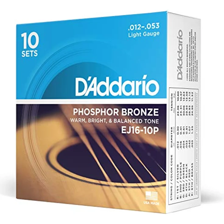 D'Addario EJ16-10P Phosphorbronze-Saiten für Akustikgitarren, Light, 10 Sets, korrosionsbeständig, warmer Klang – Bild 1