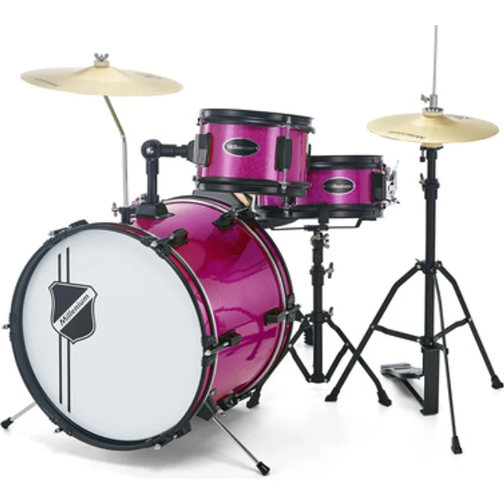 Millenium Youngster Drum Set Pink Sparkle, Kinder Schlagzeug Set mit Hartholzkesseln, 16"x12" Bass Drum, inkl. Hi-Hat Stativ und LowNoiz Becken