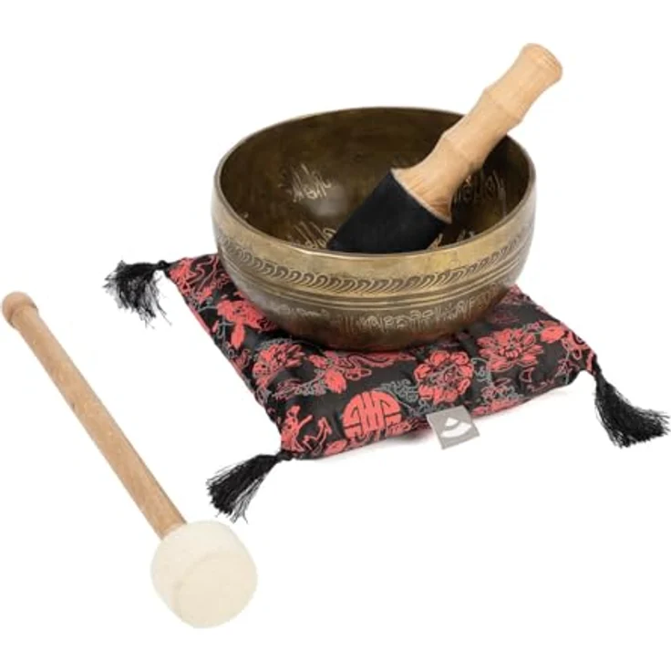 Bodhi Tibetische Klangschale Ø 19 cm, Handgefertigte Singing Bowl mit Tara Gravur, Bronze, Inkl. Klangschalenkissen & Klöppel, Ideales Meditationszubehör – Bild 1