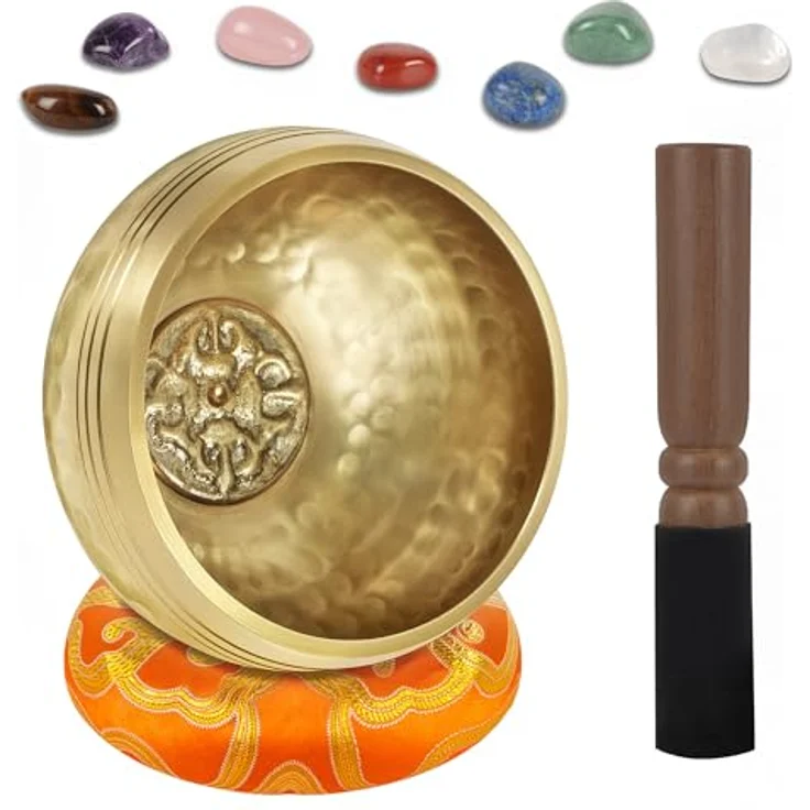 DiDiBirDi Traditionelle Klangschale 8cm mit 7 Chakra Kristallen, handgefertigt in Nepal für Meditation und Yoga - Geschenkidee für Frauen und Männer – Bild 1