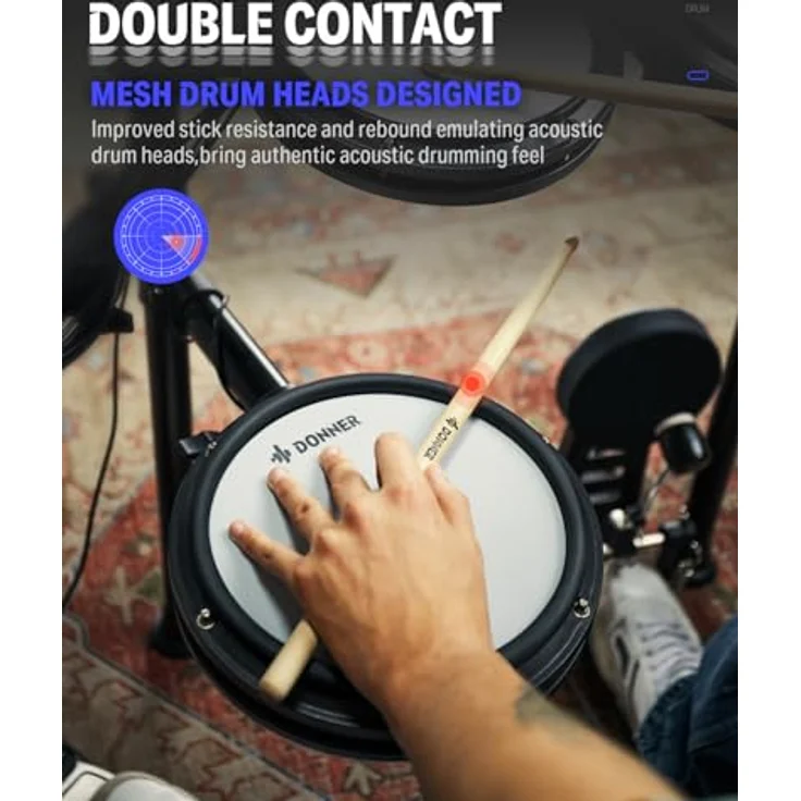 Donner DED-200 E-Drum Set, 8-teilig mit Mesh-Köpfen, 450 Sounds, Drum Throne, Maple Stick, Kopfhörer, Audio-Kabel – Bild 2