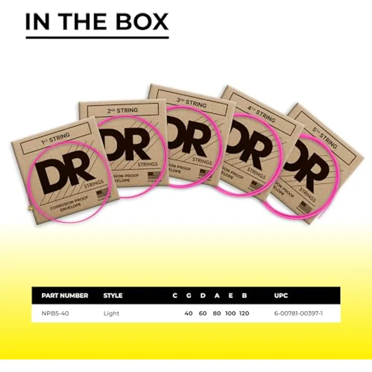 DR Strings Hi-Def Neon Pink NPB5-40, E-Bass Light 40-120, 5-Saiter mit K3-Beschichtung für mehr Klarheit und Projektion – Bild 5
