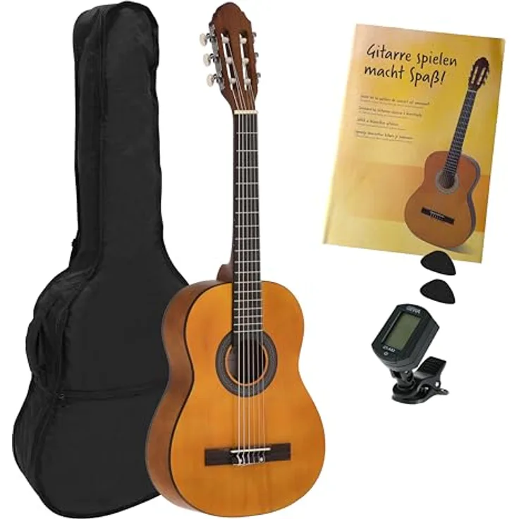 Juan Miguel Navarrez 1/2 Konzertgitarre honey, klassische Gitarre mit Tasche, Plektren, Buch und Stimmgerät, naturfarben