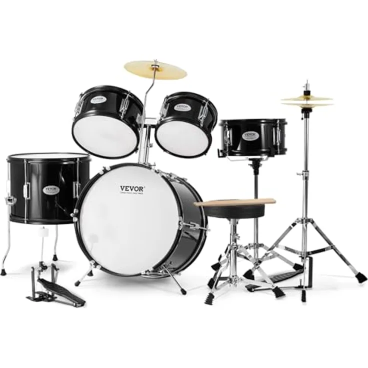 VEVOR 5-teiliges Schlagzeugset für Kinder, Anfänger-Schlagzeug mit Bass-Toms, Snare, Standtrommel, verstellbarem Thron und Hi-Hat-Pedal, schwarz