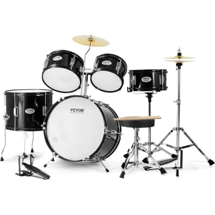 VEVOR 5-teiliges Schlagzeugset für Kinder, Anfänger-Schlagzeug mit Bass-Toms, Snare, Standtrommel, verstellbarem Thron und Hi-Hat-Pedal, schwarz – Bild 1