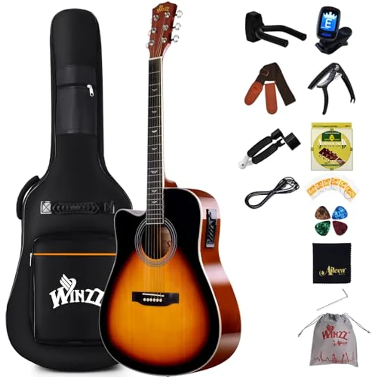 Winzz Elektro Akustik Gitarre 4/4 Linkshänder, Sunburst-Glänzend, inkl. 11 Zubehörteilen für Anfänger