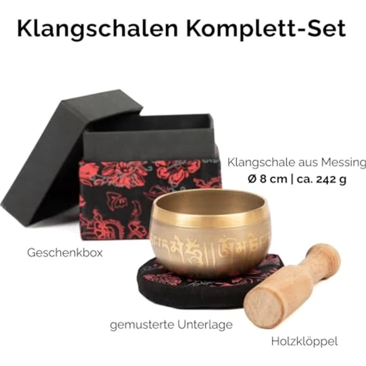 Bodhi Indische Klangschale Ø 8 cm, Messing mit Verzierung, Set inkl. Kissen, Klöppel & Geschenkbox, golden/hölzern, ideal für Meditation und Klangtherapie – Bild 3
