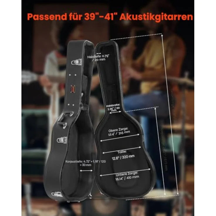 VEVOR Gitarrenkoffer, 110 cm Hartschalenkoffer für Akustikgitarren von 99 bis 104 cm, schwarz, mit Schloss, Schlüsselgriff und Zubehörfach – Bild 2