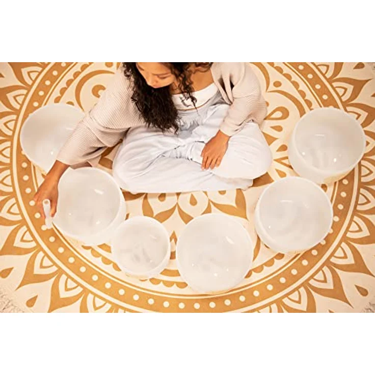 Sonic Energy Solfeggio Kristallklangschalen Set, 6-teilig für Meditation und Yoga, aus hochreinem Quarz, inkl. 2 Schlägel und Silikonringe – Bild 3