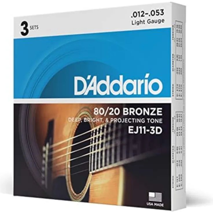 D'Addario EJ11-3D 80/20 Bronze Akustikgitarrensaiten, Light, 12-53, 3 Sets - Präzise gewickelt für kräftigen, hellen Klang, hergestellt in den USA