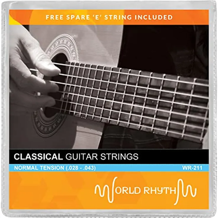 World Rhythm TIGER Gitarrensaiten für Klassikgitarre, normale Spannung, Nylonsaiten, Ersatz-Stahl, inklusive extra High E Saite, einfarbiges Nylon G, B, E