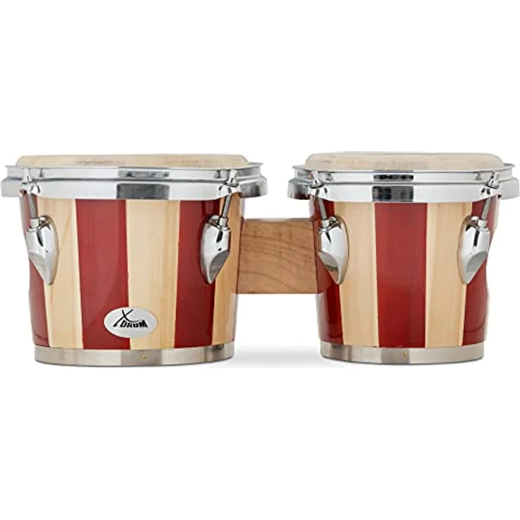 XDrum Bongos Retro, 2 Trommeln ("Macho" und "Hembra"), 16,5 cm und 19 cm, rot mit verstellbaren Stimmböckchen – Bild 4