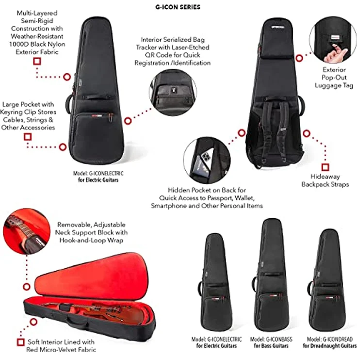 Gator Icon SC-Style Guitar BK, Gigbag für Single Cut E-Gitarre, witterungsbeständig, schwarze 1000D Nylon, inkl. Regenhülle, versteckte Rucksackgurte – Bild 3