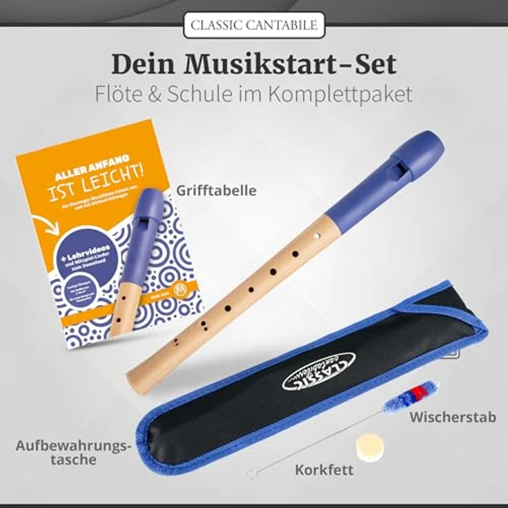 Classic Cantabile Pivella C-Sopran Blockflöte Set, Ahornholz mit Kunststoffkopf, barocke Griffweise, blau, inkl. Flötenschule, Etui, Grifftabelle, Wischerstab und Korkfett – Bild 3