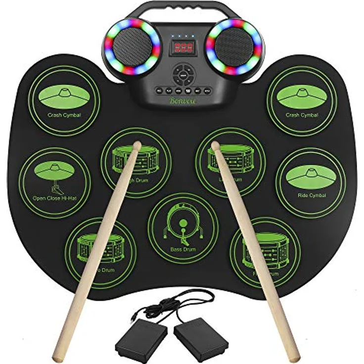 Bonvvie G6001 E-Drum Kit, tragbare digitale Rollentrommel mit 9 Pads, MIDI, eingebauten Lautsprechern, wiederaufladbarem Akku, ideal für Kinder und Anfänger
