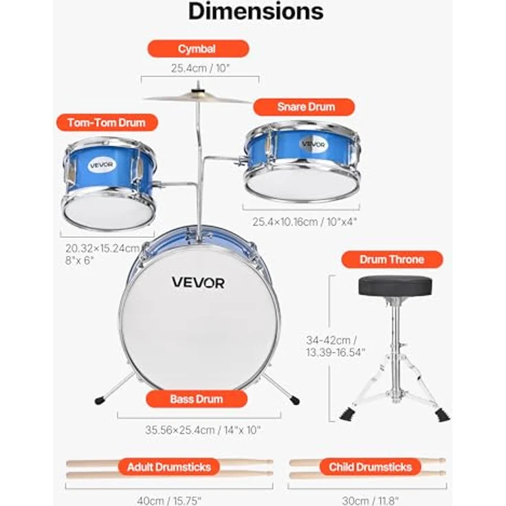 VEVOR Schlagzeugset, 3-teiliges Anfänger Drum Kit mit 35,6 cm Basstrommel, 20,3 cm Tom-Tom, 25,4 cm Snare-Drum, verstellbare Drumsticks, für Kinder von 6–13 Jahren, blau – Bild 3