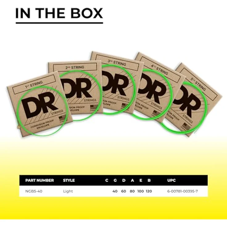 DR Strings NGB5-40 HI-DEF NEON Bassgitarrensaiten, 5-String Light 40-120, Neon Grün mit K3-Beschichtung für verbesserte Klarheit und Projektion – Bild 4