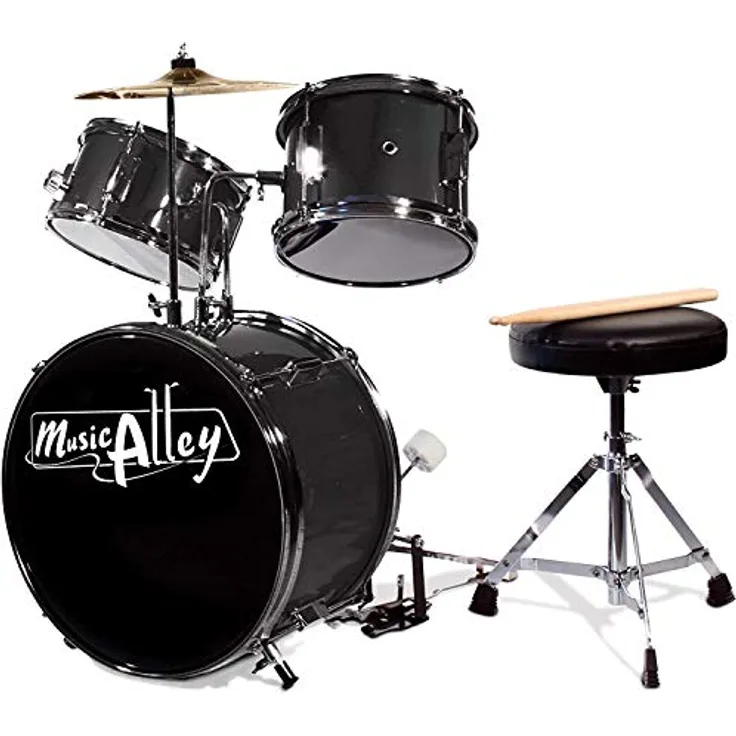 Music Alley DBJK02-BK, 3-teiliges Anfänger-Drumkit für Kinder, Black - Besonders robustes Holz und Metall, 14-Zoll-Bassdrum