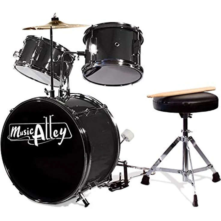 Music Alley DBJK02-BK, 3-teiliges Anfänger-Drumkit für Kinder, Black - Besonders robustes Holz und Metall, 14-Zoll-Bassdrum – Bild 1