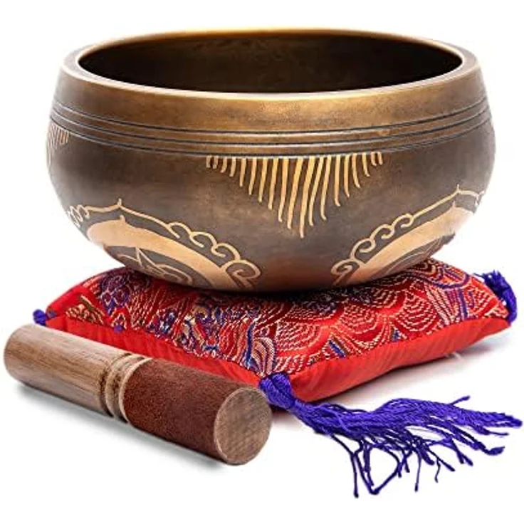 HIMALAYAN BAZAAR Tibetisches Klangschalen-Set, handgehämmert, 10,2 cm, mit Seidenkissen und Lederklöppel, ideal für Meditation und Yoga – Bild 2