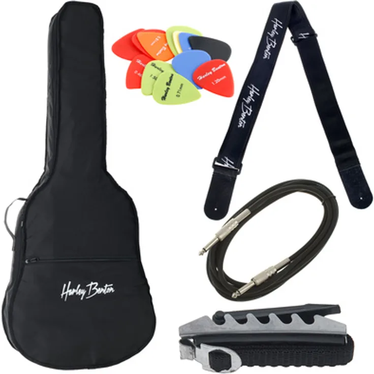 Harley Benton EW-Guitar Accessory Pack, Gitarrenzubehörpaket mit Gigbag, verstellbarem Gitarrengurt, Kapodaster, Klinkenkabel und Plektrum Mix