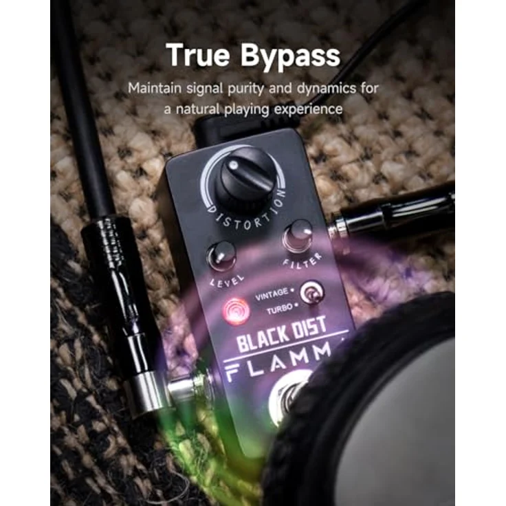 Flamma FC19 Black Distortion, Kompaktes analoges Distortion Pedal für Gitarre und Bass mit Vintage/Turbo Schalter, schwarz – Bild 6