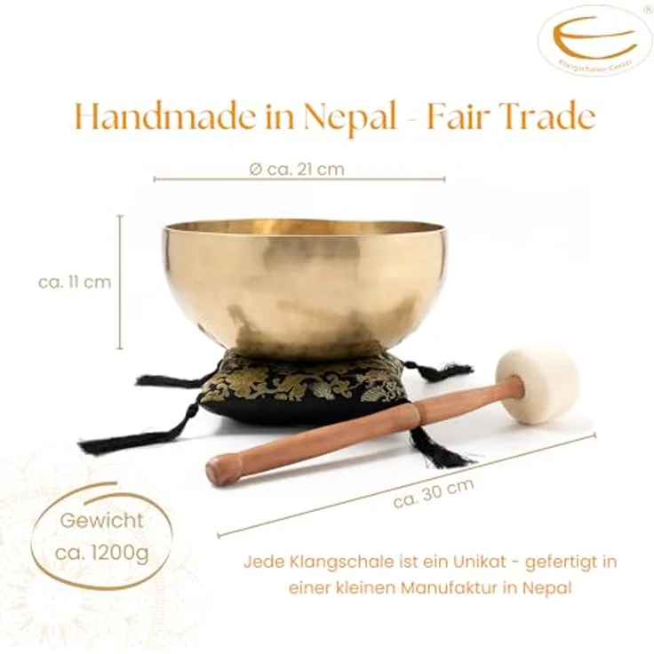 Klangschalen-Center Traditionelle Klangschale, 20 cm Durchmesser, Gold, inkl. schwarzem Kissen und Holz-/Filzklöppel, für Meditation und Yoga, Handarbeit aus Nepal – Bild 5