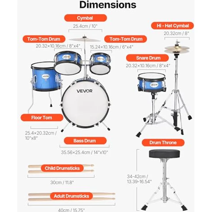 VEVOR Schlagzeug Set, 5-teilig für Kinder, 35,6 cm Basstrommel, 15,2 cm & 20,3 cm Tomtoms, 25,4 cm Standtom, 25,4 cm Crash-Becken, 20,3 cm Hi-Hat mit Ständer, blau – Bild 3