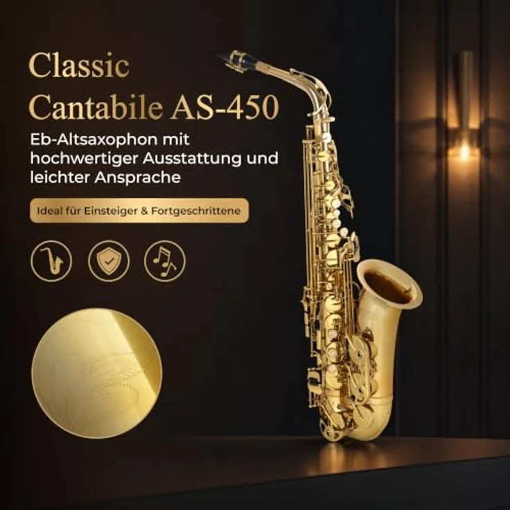 Classic Cantabile AS-450 Eb-Altsaxophon Set, Messing, klarlackiert, mit Hoch-Fis-Klappe und ergonomischer Klappenmechanik, inkl. Leichtkoffer und 10 Blätter Stärke 2,5 – Bild 2