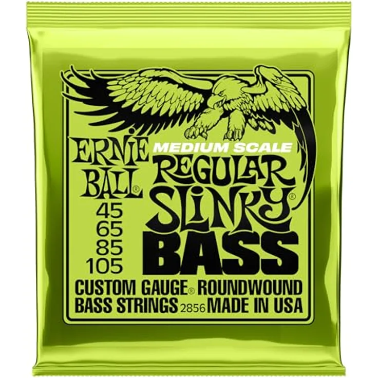 Ernie Ball 2856 Regular Slinky, Medium Scale E-Bass Saiten 045-105 mit rundem, knurrigem Allroundton