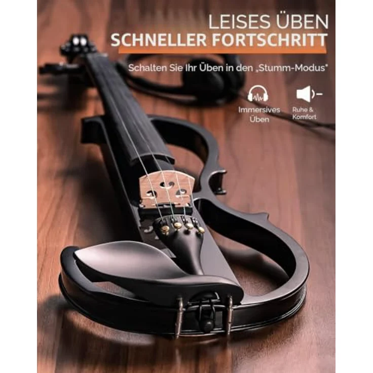 Vangoa 4/4 Elektrische Violine E Geige, Massivholz, Schwarz, mit Kolophonium, Tragetasche, Audiokabel, Schulterstütze und Bogen – Bild 2