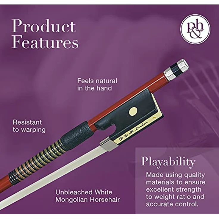 P&H Violin Bow Fiberglass 1/8 BR, Geigenbogen mit echtem Rosshaarbezug und Abalone Inlay, braun – Bild 3
