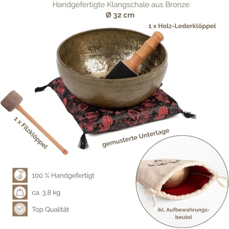 Bodhi Tibetische Klangschale Ø 32 cm, Singing Bowl aus Bronze mit 5 Buddhas Gravur, inkl. Kissen & Klöppel, goldene Farbe, handgefertigt für Meditation und Entspannung – Bild 3