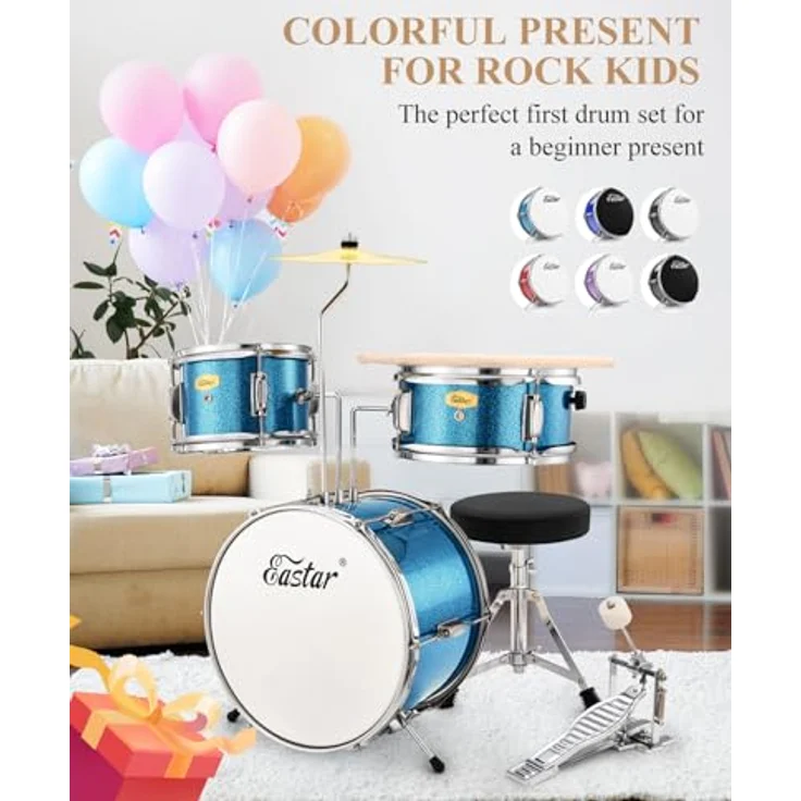Eastar 14" 3 PC Schlagzeug Set, Kinder Schlagzeug für 3-10 Jahre, Himmelblau mit Snare, Tom, Bass Drum, Pedal, Thron, Becken und Drumsticks – Bild 2