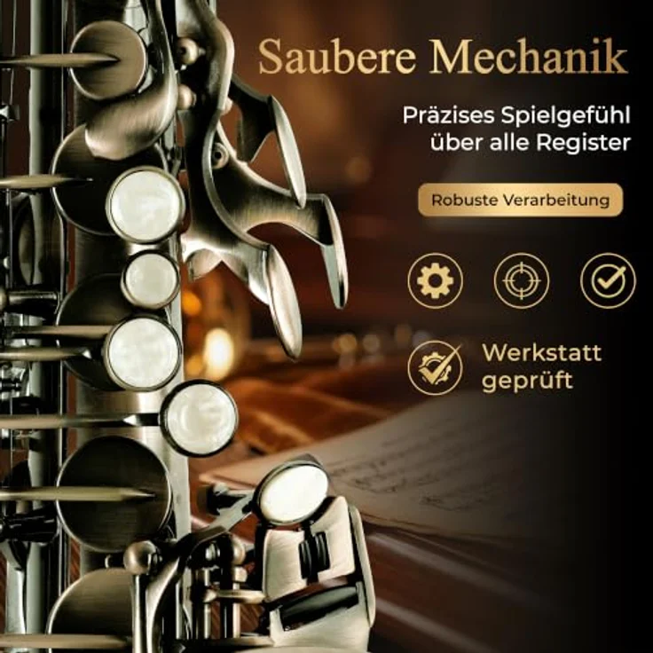 Classic Cantabile AS-450 Antique Yellow Eb Altsaxophon Set, Hoch-Fis-Klappe, ergonomische Klappenmechanik, inklusive Leichtkoffer und Blätter – Bild 5