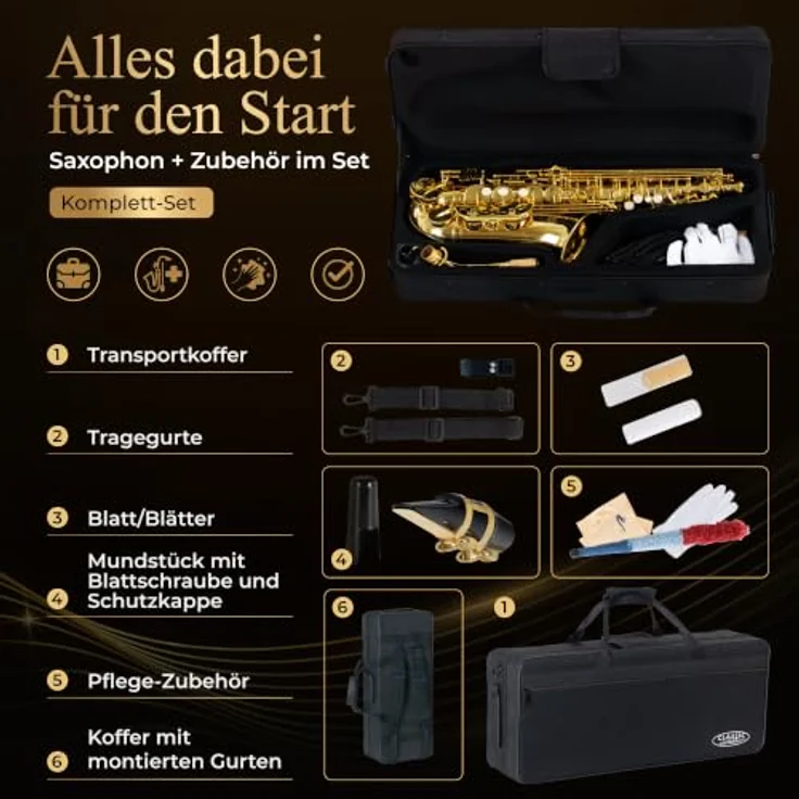 Classic Cantabile AS-450 Eb-Altsaxophon Set, Messing, klarlackiert, mit Hoch-Fis-Klappe und ergonomischer Klappenmechanik, inkl. Leichtkoffer und 10 Blätter Stärke 2,5 – Bild 5