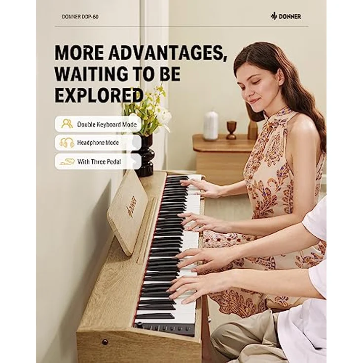 DONNER DDP-60 Digitalpiano, 88 anschlagsdynamische Tasten, 128-stimmige Polyphonie, minimalistisches Design, inkl. 3 Klavierpedale und 2 Kopfhörerausgängen – Bild 5