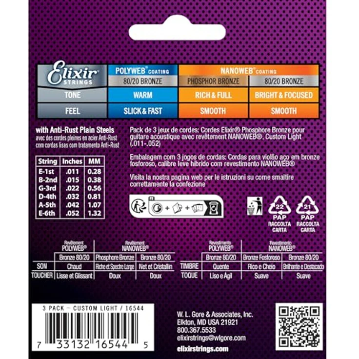 Elixir 16544 Nanoweb, Akustikgitarrensaiten Bronze 11–52, 3er Pack mit beschichteten Saiten für verlängerte Klangdauer – Bild 3