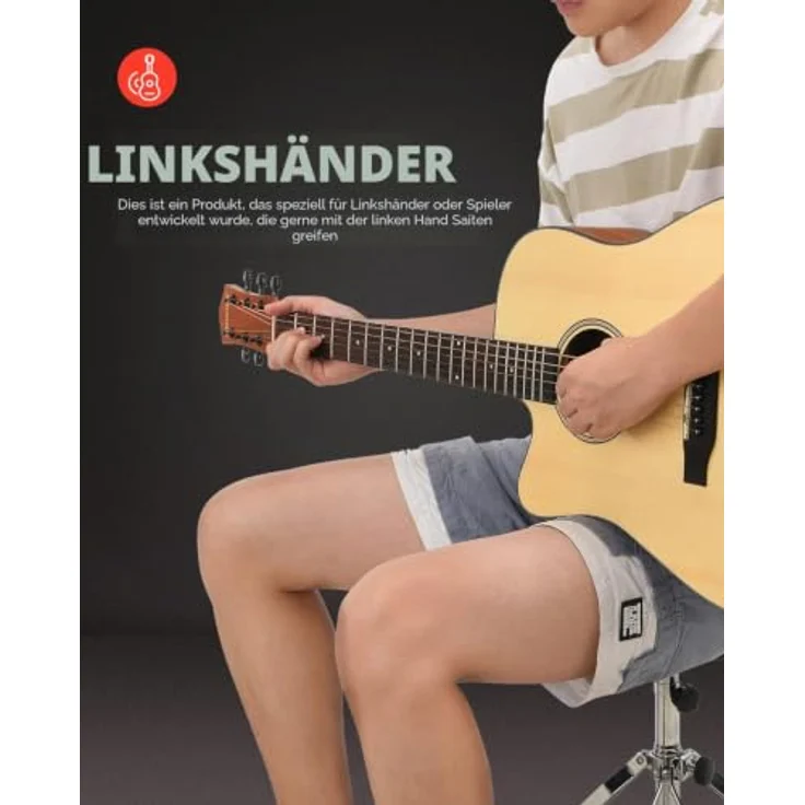Donner Linkshänder Akustikgitarre 4/4 Set, 41 Zoll Cutaway mit Fichtendecke, Mahagonikorpus, Gigbag, Capo und Plektren (Natur) – Bild 2