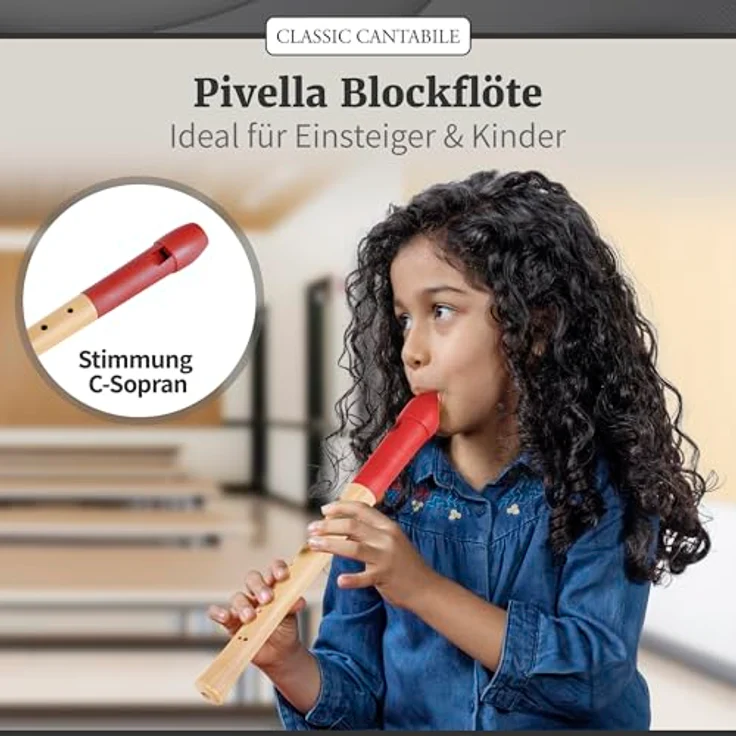 Classic Cantabile Pivella C-Sopran Blockflöte Set, Ahornholz mit Kunststoffkopf, Deutsche Griffweise, inkl. Flötenschule, Etui, Grifftabelle, Wischerstab und Korkfett, Rot – Bild 2