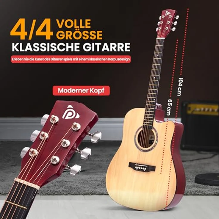Pyle Cutaway Dreadnought Akustikgitarre, Vollformat Natur Matt-Finish, 6 Stahlsaiten, inkl. Gigbag, Stimmgerät, Plektren, Gurt, Kapodaster, für Anfänger und Erwachsene - Rechtshänder – Bild 3